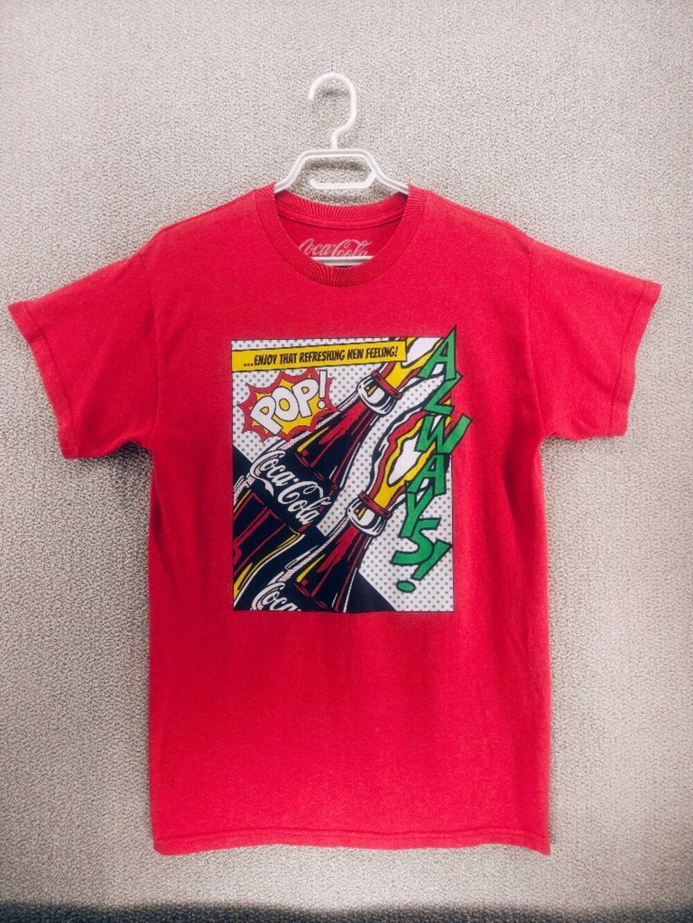 Coca-Cola "Always!" Pop Art Graphic T-Shirt — Red, Size M